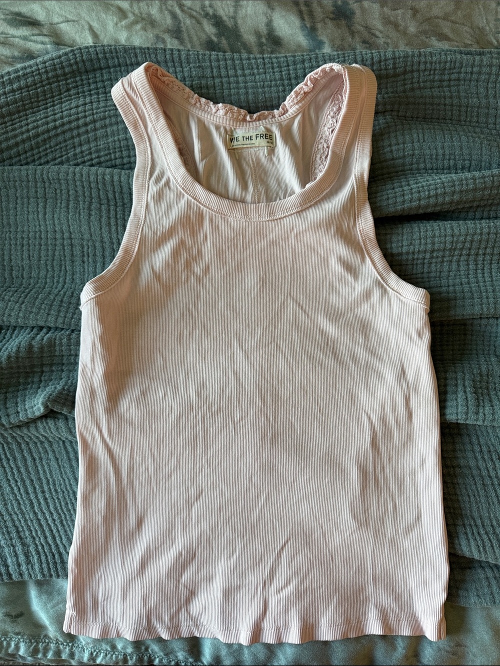 We The Free Pale Pink Ribbed Tank with Lace Trim